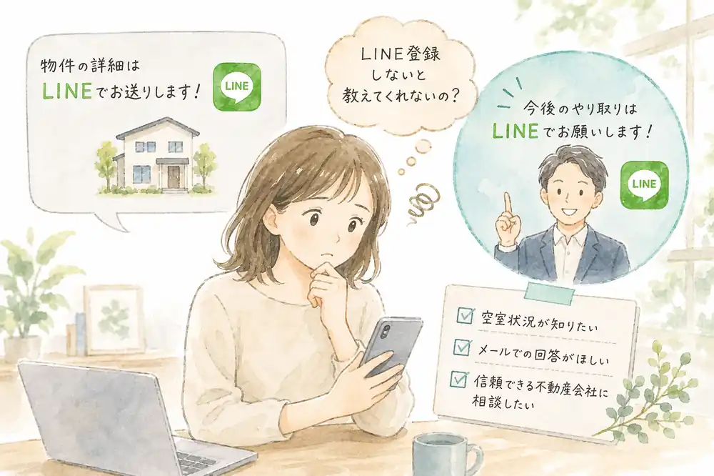 不動産会社からLINE登録を求められて悩む女性のイメージ