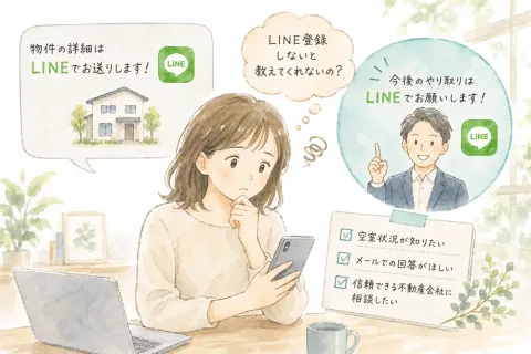 不動産会社からLINE登録を求められて悩む女性のイメージ