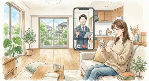 スマートフォンでオンライン内見をしている様子